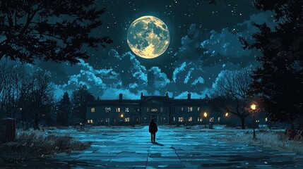 Walking at Night Under Giant Moon with Illuminated Building Backdrop