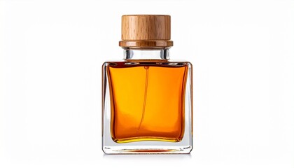 A square glass bottle filled with amber liquid sits sealed with a wooden cap—its smooth edges and rich hue evoke refined simplicity, quiet luxury, and the tactile essence of crafted purity.