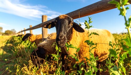 Fototapeta premium Sheep grazing in a field behind a wooden fence