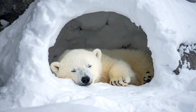 Polar bear resting in a snow den