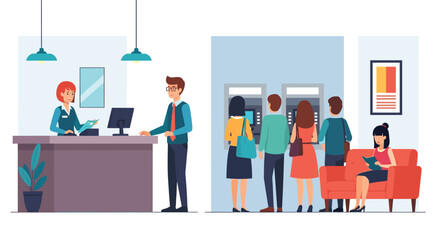Bank services and people using atm machines.