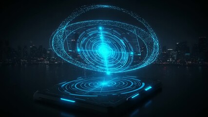Futuristic holographic display over city skyline at night - Powered by Adobe
