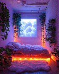 Cozy Bedroom with Clouds View, Plants and Ambient Lighting