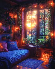 Cozy Window Seat with Plants and Fairy Lights at Sunset