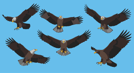 A collection of pixel art eagles in flight against a blue background.