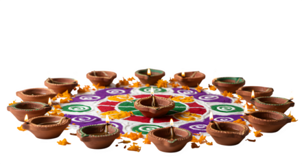 Diyas (earthen lamps) with rangoli isolated on white background.