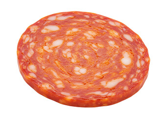Isolated Chorizo Slice Tasty Cured Meat Food Item Rich in Red Color and Fat Healthy Meal Prep