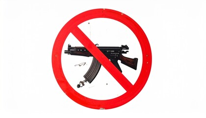 A &ldquo;NO FIREARMS&rdquo; sign with a crossed-out handgun silhouette is mounted on a tree in a wooded area&mdash;its bold red border and natural setting evoke boundary, safety, and the tension between nature and cont