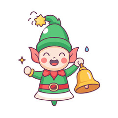 Cheerful Holiday Elf: A vibrant and cheerful cartoon elf, adorned in traditional festive attire, joyfully tinkles a golden bell, brimming with holiday spirit.