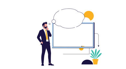 Business professional contemplating ideas in front of a blank whiteboard.