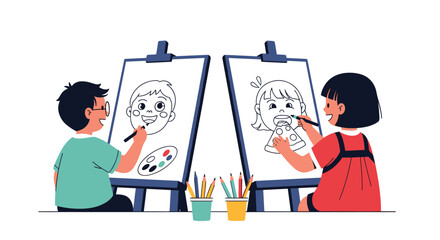 Children painting portraits at easels with art supplies.