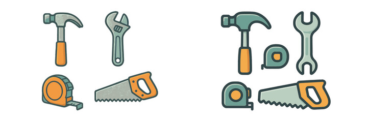 Fototapeta premium Collection of hand tools including hammers, wrenches, and saws on a white background, perfect for DIY projects and repairs