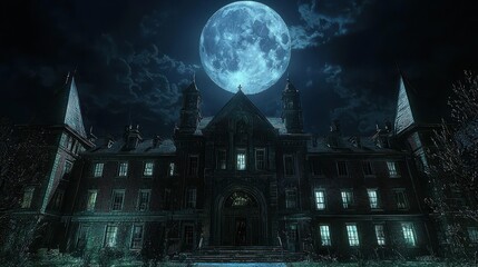 Eerie Building at Night with Full Moon in Dark Sky