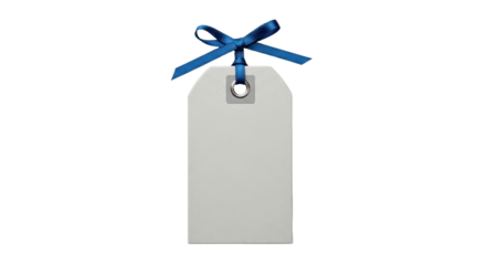 Isolated blank tag with blue ribbon bow, price tag, gift tag, empty label, shop, market, store