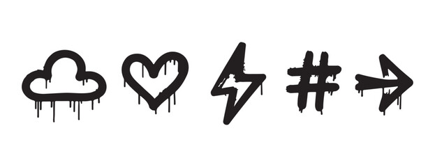 Vibrant graffiti social media icons with urban drip effect. Digital communication symbols (cloud, heart, lightning, hashtag, arrow) for modern art.