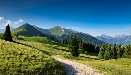 scenic mountain landscape with trees and winding path under a clear sky highlighting the beauty of nature and outdoor tranquility