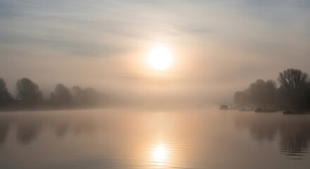 Golden Sunrise Over Misty Lake - A Serene Landscape.