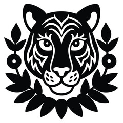 tiger face with floral elements vector icon