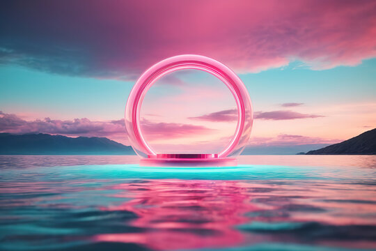 Eyecatching neon ring reflection glowing on pink and purple gradient stars sparkling a nightclub part - Powered by Adobe