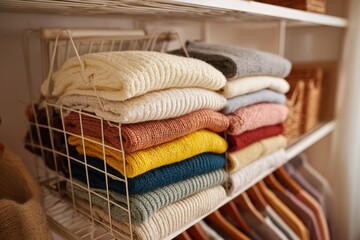 Colorful folded knit sweaters stacked neatly in a wire basket on a closet shelf.