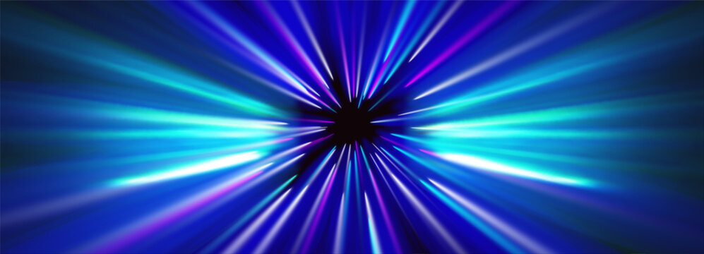 Space blue warp effect with hyperspeed light trails and neon motion glows. Anime star explosions or quantum fiber patterns for futuristic backgrounds. Radial galaxy tracks or digital highway.