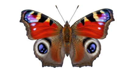 Isolated peacock butterfly showing its beautiful wings with distinctive eye-like markings