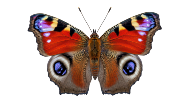 Isolated peacock butterfly showing its beautiful wings with distinctive eye-like markings
