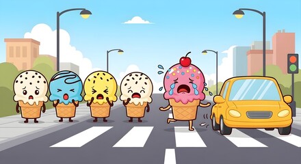 Naklejka premium Crying Ice Cream Cone Hit by Car on Crosswalk