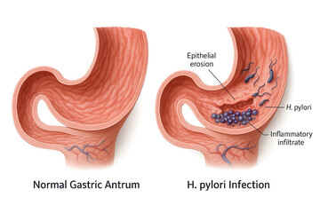 Stomach Anatomy: Normal vs. H. pylori Infection