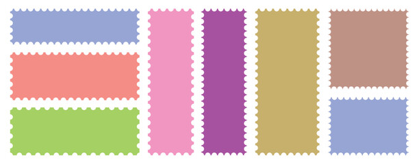 Obraz premium Set of coloring postage stamp Edge Rectangle, Vector Jagged Geometric Shapes. Mockup postage stamps. Post stamp frames and borders. 