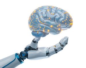 A robotic hand holding a glowing, floating AI brain, representing integration. isolated on white background
