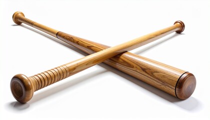 Two light wooden baseball bats cross in an “X” shape on white—symmetrical and grain-textured, the scene evokes sportsmanship, balance, and the quiet geometry of competition and teamwork.