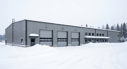 Gray metal building in snowy landscape.