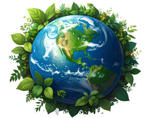 Earth Globe Surrounded by Green Leaves Planet World Isolated on a Transparent Background.