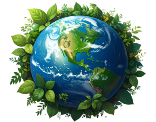 Earth Globe Surrounded by Green Leaves Planet World Isolated on a Transparent Background.