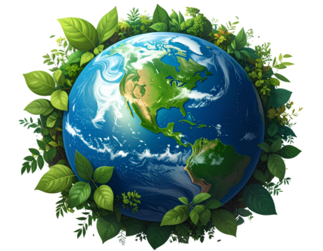 Earth Globe Surrounded by Green Leaves Planet World Isolated on a Transparent Background.