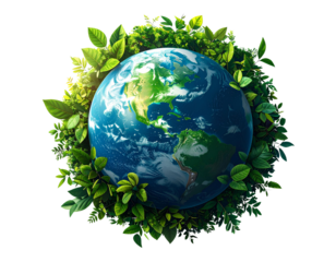 Earth Globe Surrounded by Green Leaves Planet World Isolated on a Transparent Background.