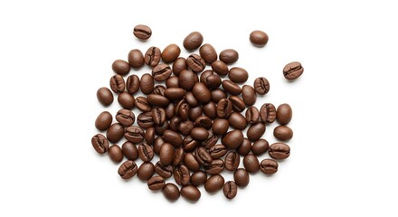 Naklejka premium A close-up overhead shot of roasted coffee beans scattered on a white background.