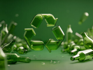Green glass bottles arranged in a recycling symbol surrounded by scattered bottles on a green background
