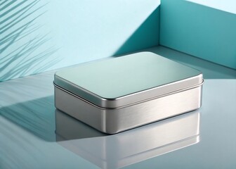 Modern metallic silver box on pastel blue background