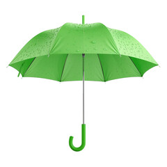 Lively green umbrella against a transparent setting protecting from simulated raindrops with