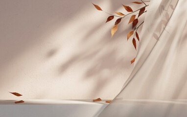 Autumn leaves on empty table behind white curtains. Interior wall background with fall aesthetic...