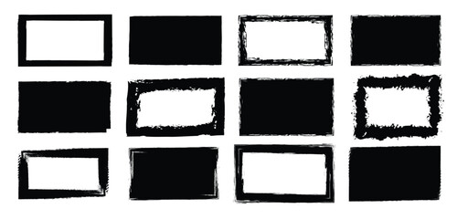 Set of grunge jagged rectangle shape. Black hand drawn stripes, smears, rectangle brush. Black Lino cutting textured backgrounds, text frames.