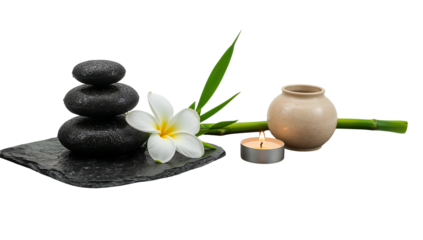 Serene spa still life with balanced stones, delicate frangipani blossom, and soft candlelight for
