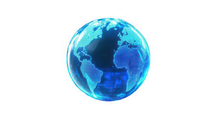 Digital earth globe with glowing blue continents on a black background