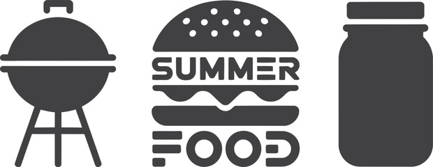 Summer food icons barbecue burger and drink jar silhouette