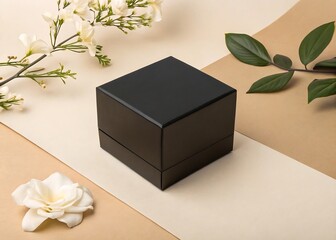 Premium matte black cube box on beige background