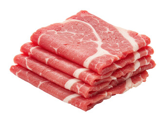Isolated Thinly Sliced Raw Beef, marbled meat, ready for shabu-shabu or sukiyaki dishes