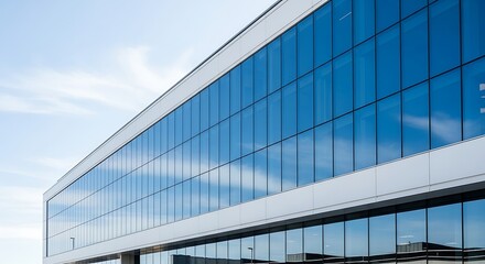 Modern Glass Office Building with Reflective Blue Windows and Clear Sky
