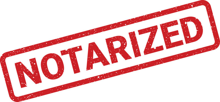 Distressed red notarized stamp with speckled texture, rectangular frame, grunge effect for documents